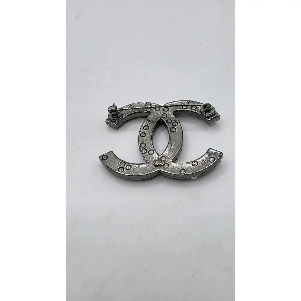 Chanel Silver-tone Faux Pearl Resin Interlocking CC Pin Brooch